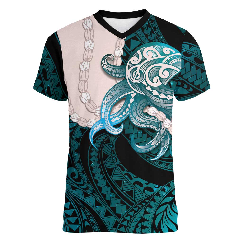 Teal Galaxy Polynesia Tribal Octopus Tattoo Women V-Neck T-Shirt Pikake Lei Polynesian Pattern