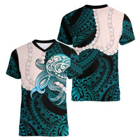 Teal Galaxy Polynesia Tribal Octopus Tattoo Women V-Neck T-Shirt Pikake Lei Polynesian Pattern