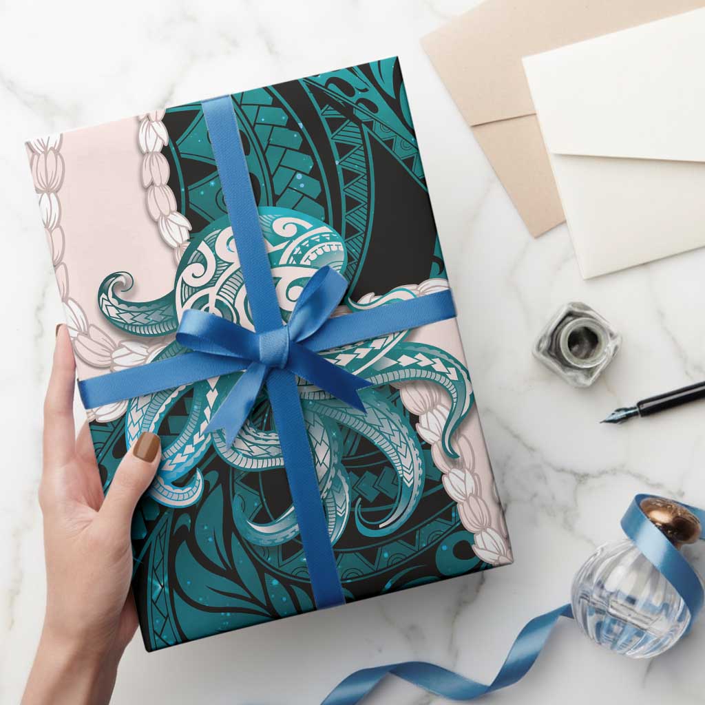 Teal Galaxy Polynesia Tribal Octopus Tattoo Wrapping Paper Pikake Lei Polynesian Pattern