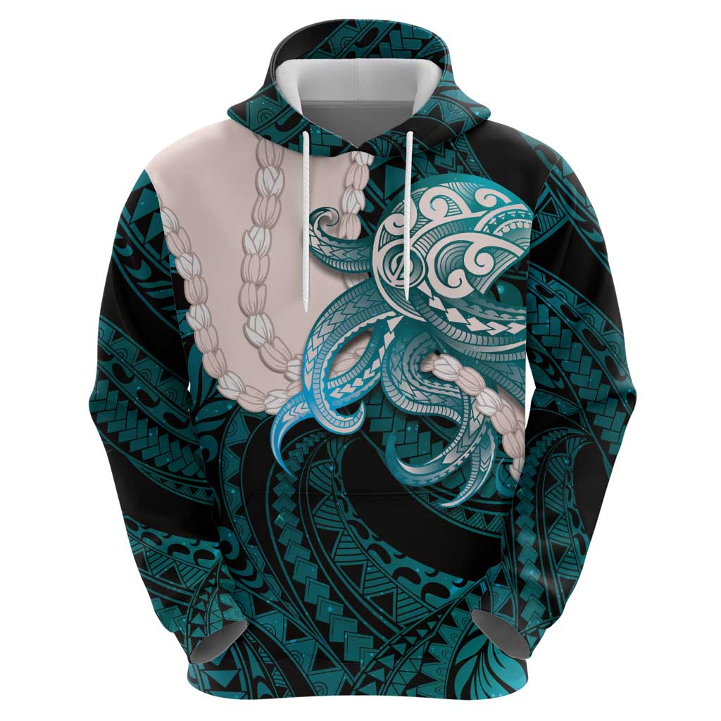 Teal Galaxy Polynesia Tribal Octopus Tattoo Zip Hoodie Pikake Lei Polynesian Pattern