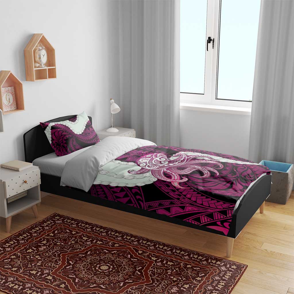 Pink Galaxy Polynesia Tribal Octopus Tattoo Bedding Set Pikake Lei Polynesian Pattern