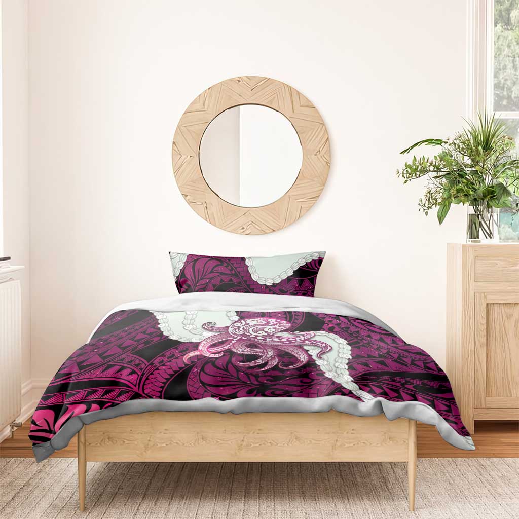 Pink Galaxy Polynesia Tribal Octopus Tattoo Bedding Set Pikake Lei Polynesian Pattern