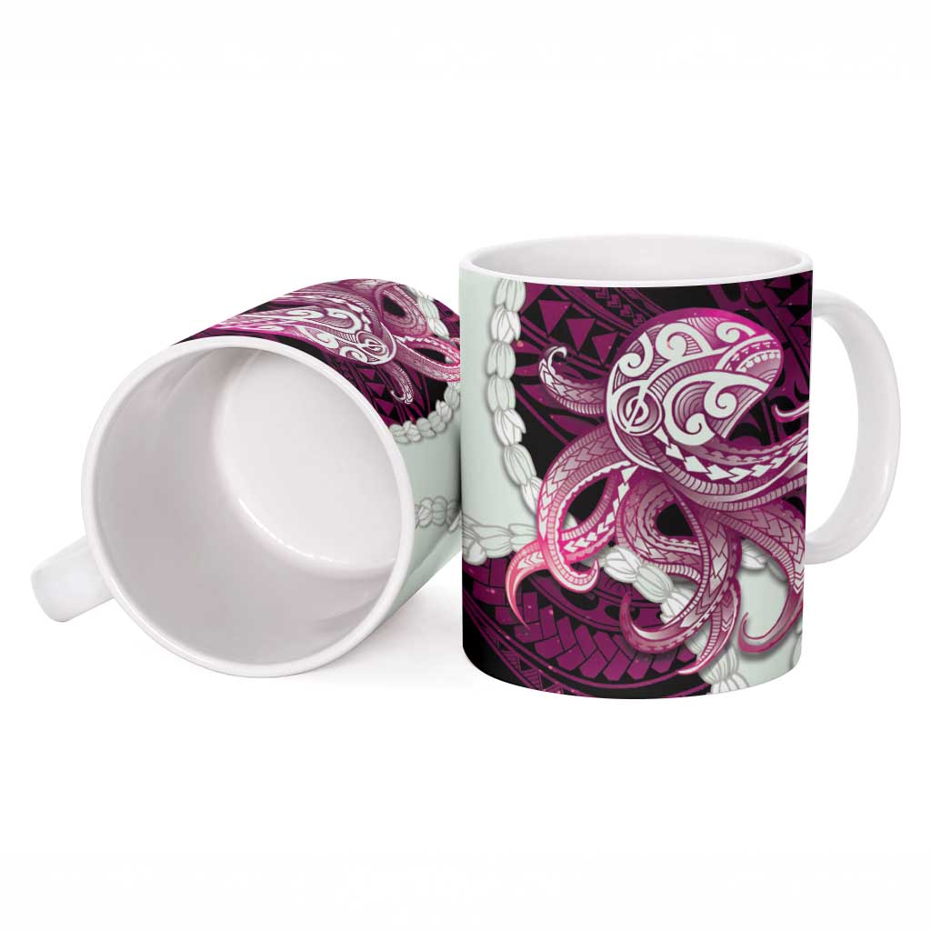 Pink Galaxy Polynesia Tribal Octopus Tattoo Ceramic Mug Pikake Lei Polynesian Pattern