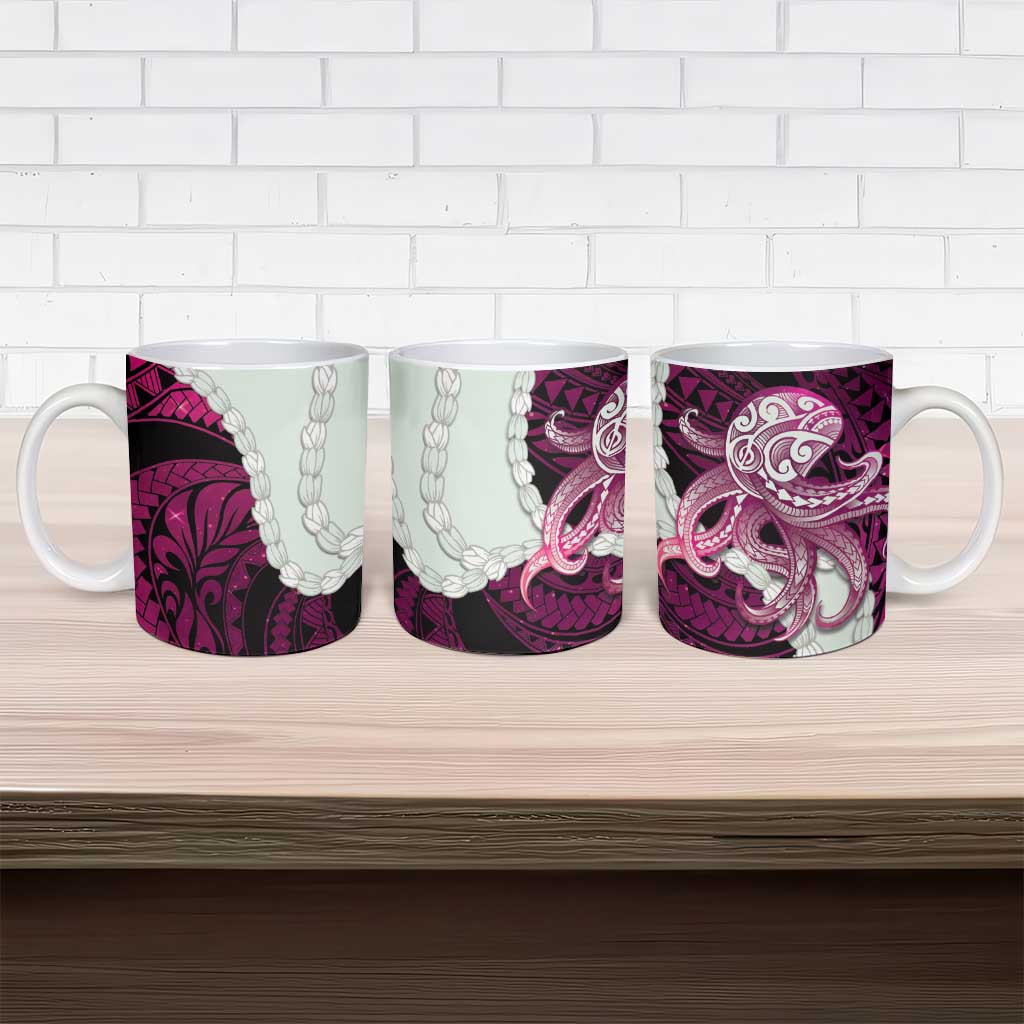 Pink Galaxy Polynesia Tribal Octopus Tattoo Ceramic Mug Pikake Lei Polynesian Pattern