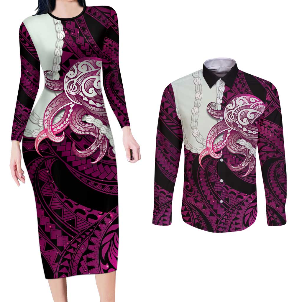 Pink Galaxy Polynesia Tribal Octopus Tattoo Couples Matching Long Sleeve Bodycon Dress and Long Sleeve Button Shirt Pikake Lei Polynesian Pattern