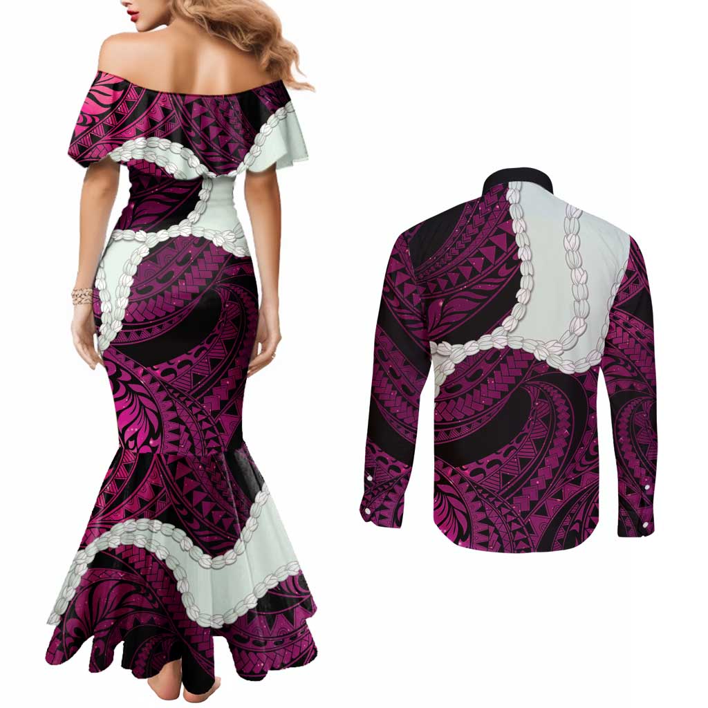 Pink Galaxy Polynesia Tribal Octopus Tattoo Couples Matching Mermaid Dress and Long Sleeve Button Shirt Pikake Lei Polynesian Pattern