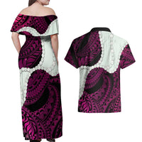 Pink Galaxy Polynesia Tribal Octopus Tattoo Couples Matching Off Shoulder Maxi Dress and Hawaiian Shirt Pikake Lei Polynesian Pattern