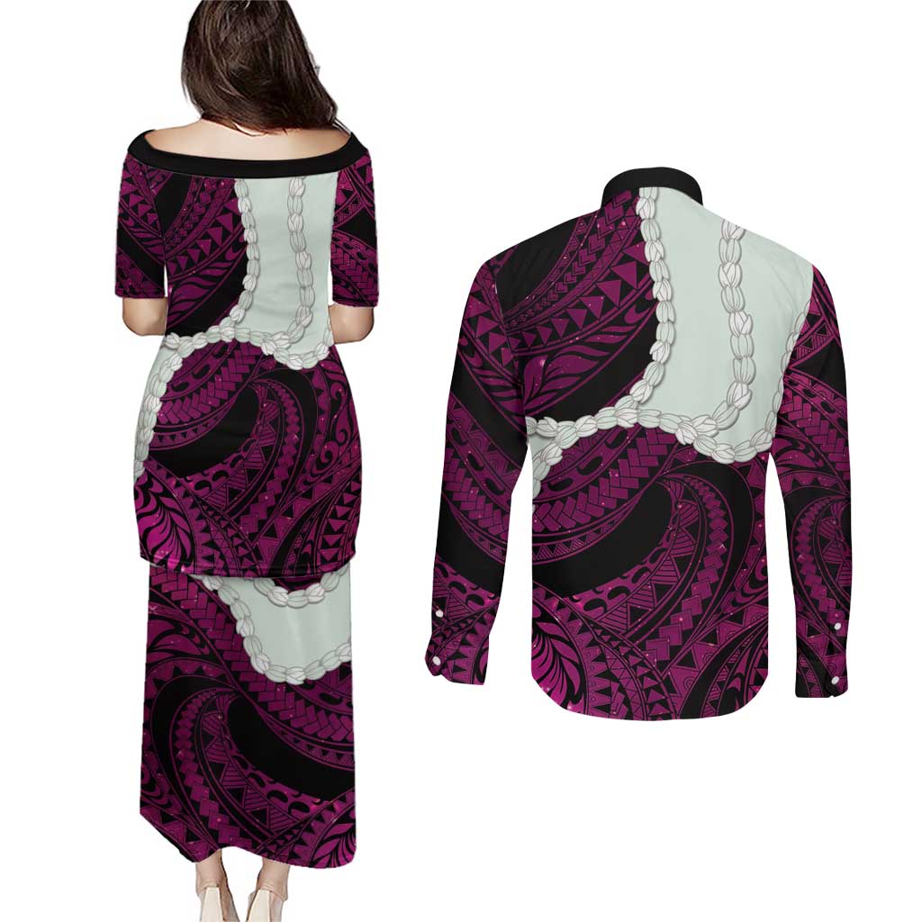 Pink Galaxy Polynesia Tribal Octopus Tattoo Couples Matching Puletasi and Long Sleeve Button Shirt Pikake Lei Polynesian Pattern