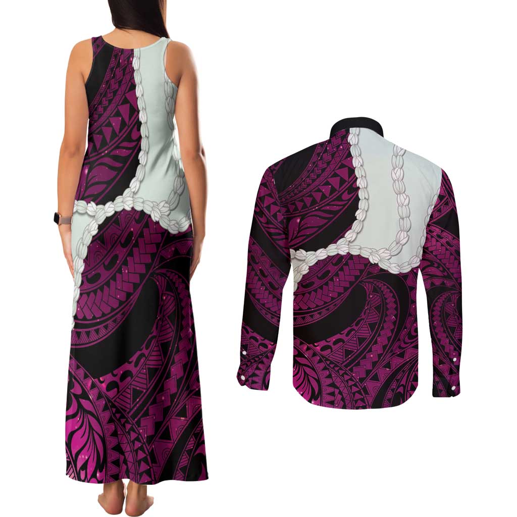 Pink Galaxy Polynesia Tribal Octopus Tattoo Couples Matching Tank Maxi Dress and Long Sleeve Button Shirt Pikake Lei Polynesian Pattern
