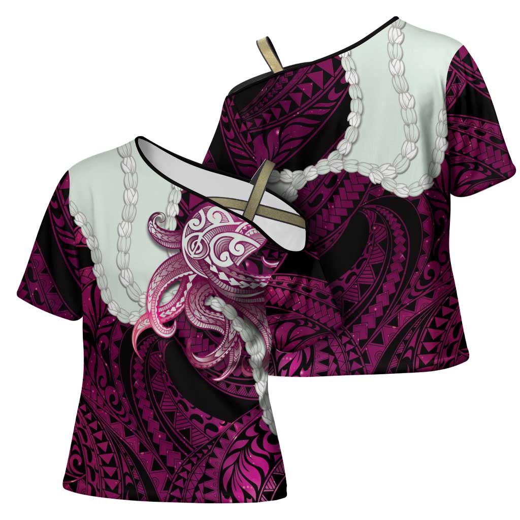 Pink Galaxy Polynesia Tribal Octopus Tattoo Cross Shoulder Shirt Pikake Lei Polynesian Pattern