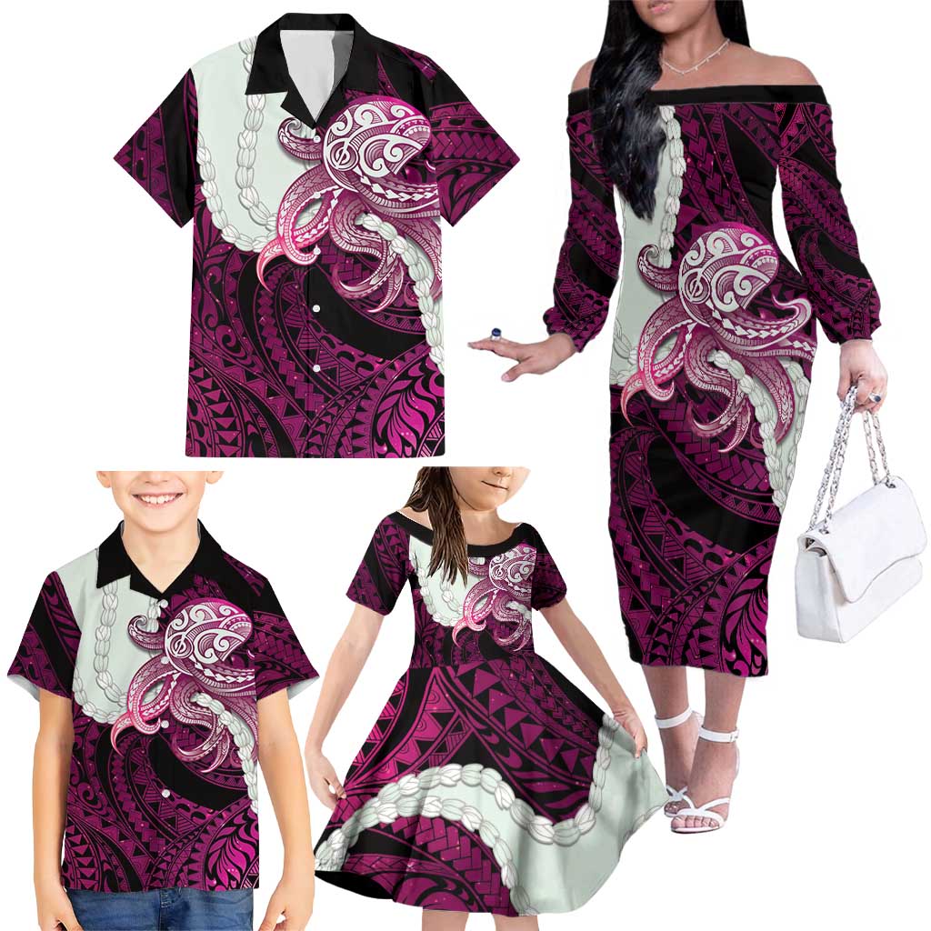 Pink Galaxy Polynesia Tribal Octopus Tattoo Family Matching Off The Shoulder Long Sleeve Dress and Hawaiian Shirt Pikake Lei Polynesian Pattern