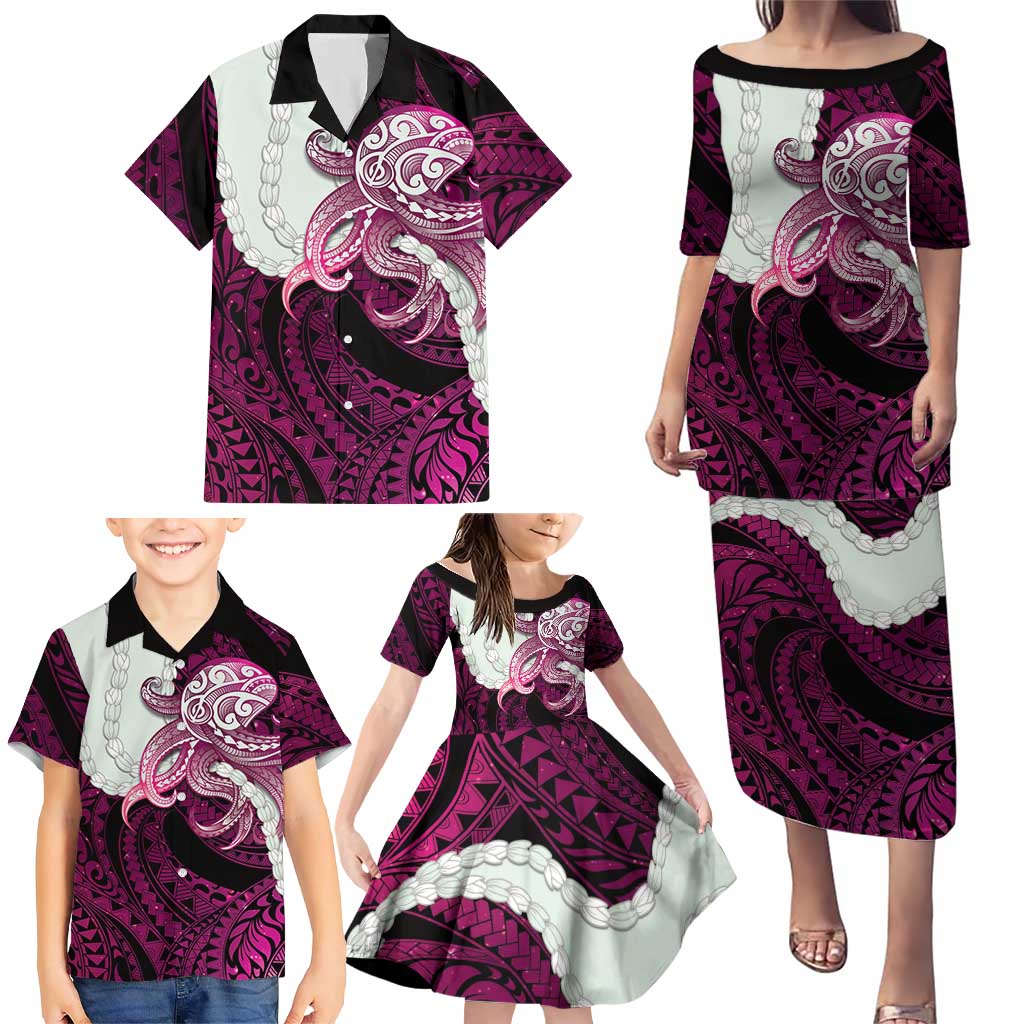 Pink Galaxy Polynesia Tribal Octopus Tattoo Family Matching Puletasi and Hawaiian Shirt Pikake Lei Polynesian Pattern