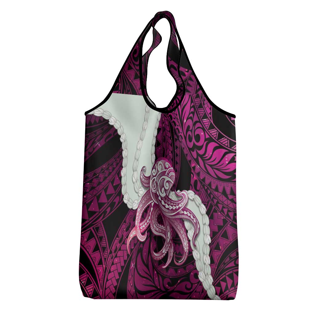 Pink Galaxy Polynesia Tribal Octopus Tattoo Grocery Bag Pikake Lei Polynesian Pattern