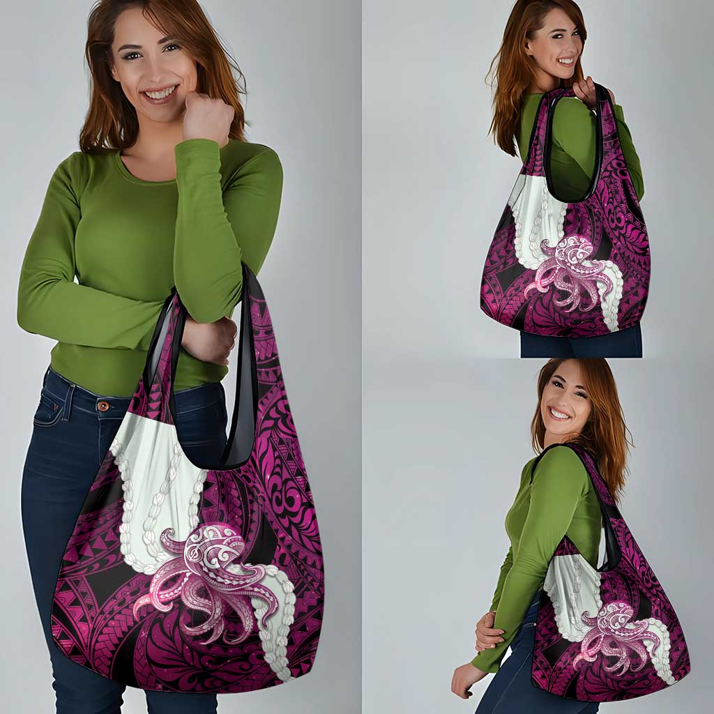 Pink Galaxy Polynesia Tribal Octopus Tattoo Grocery Bag Pikake Lei Polynesian Pattern