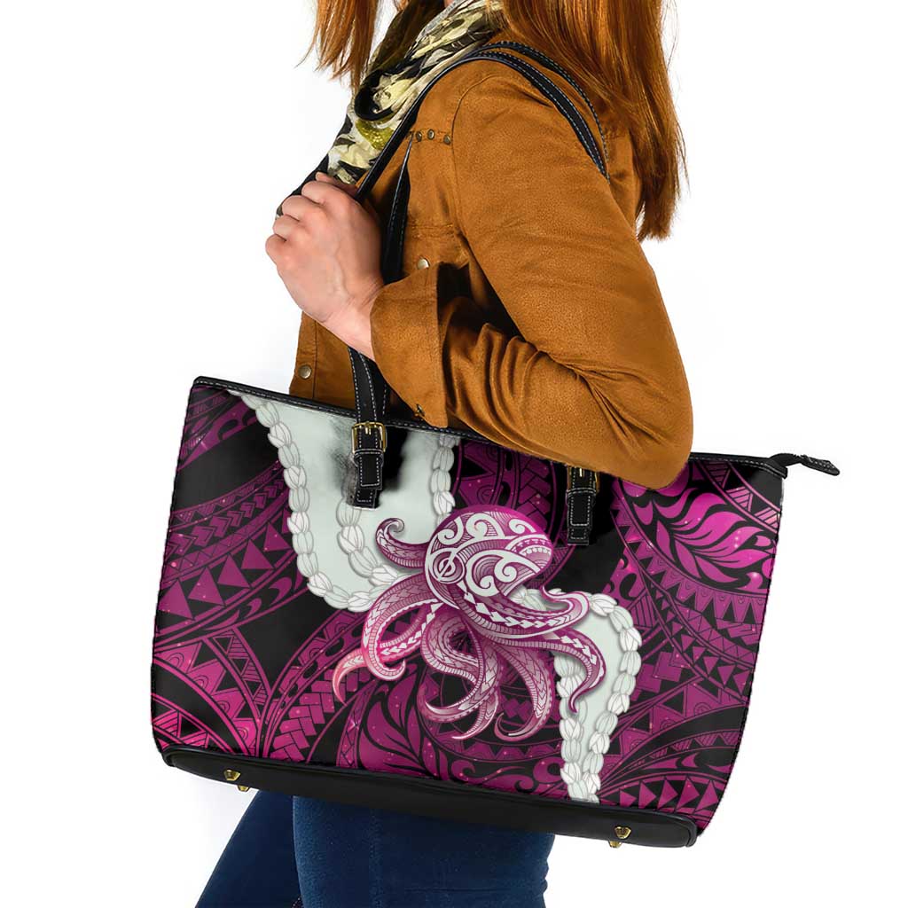 Pink Galaxy Polynesia Tribal Octopus Tattoo Leather Tote Bag Pikake Lei Polynesian Pattern