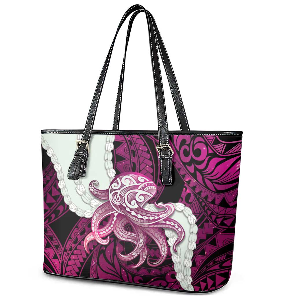 Pink Galaxy Polynesia Tribal Octopus Tattoo Leather Tote Bag Pikake Lei Polynesian Pattern