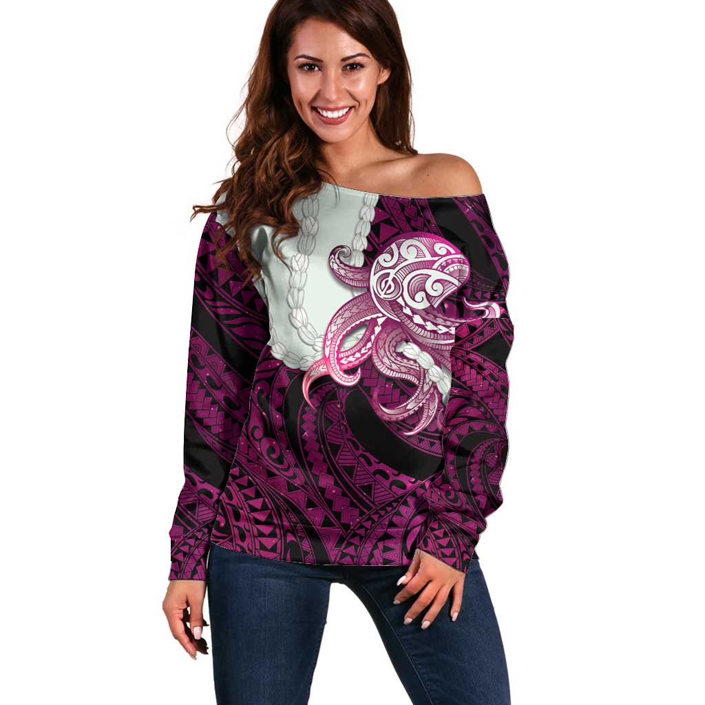 Pink Galaxy Polynesia Tribal Octopus Tattoo Off Shoulder Sweater Pikake Lei Polynesian Pattern