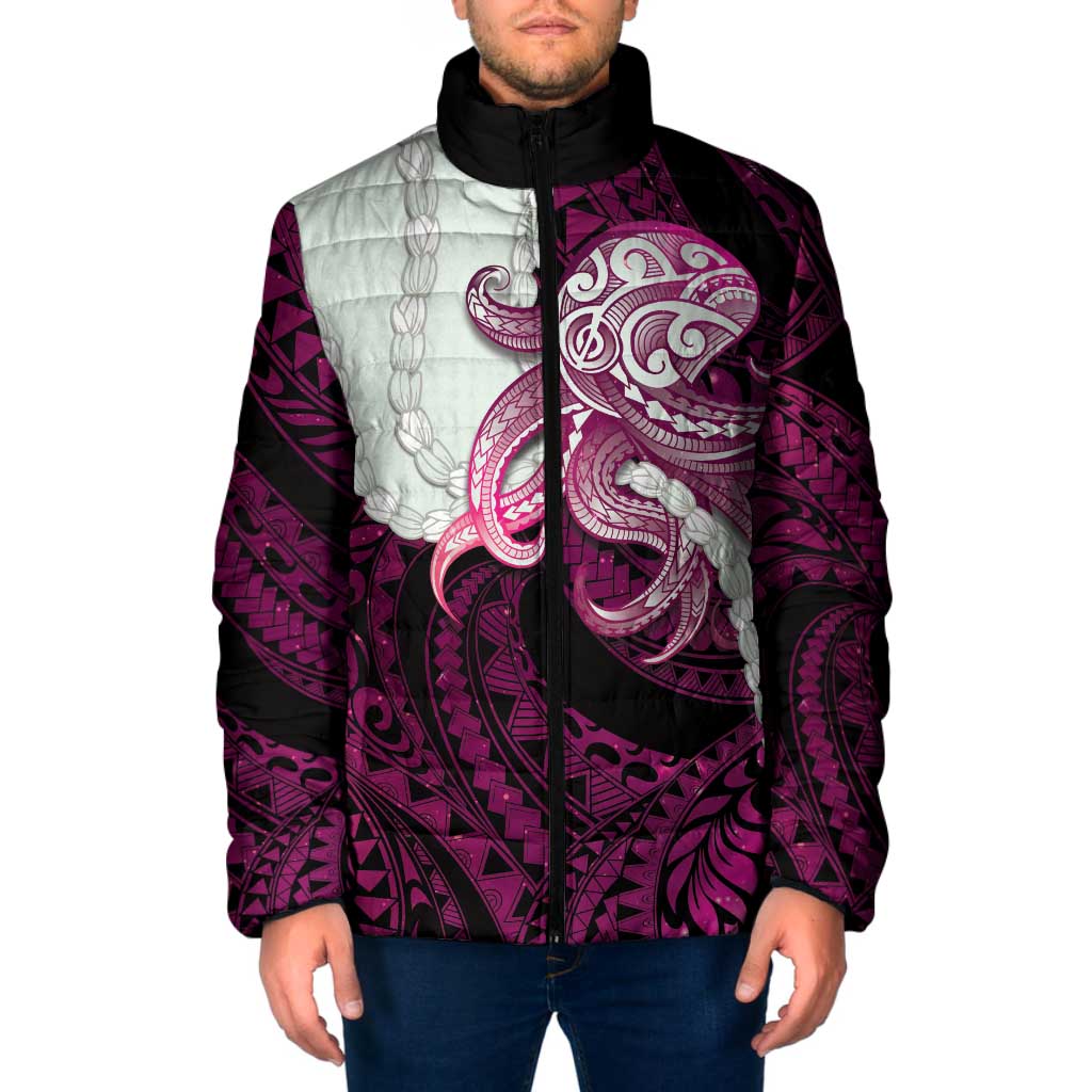Pink Galaxy Polynesia Tribal Octopus Tattoo Padded Jacket Pikake Lei Polynesian Pattern