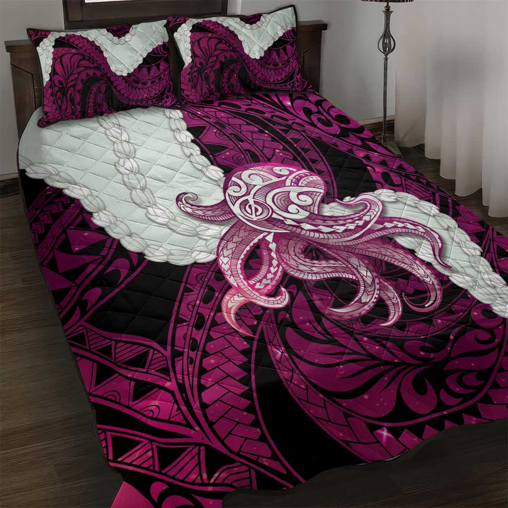 Pink Galaxy Polynesia Tribal Octopus Tattoo Quilt Bed Set Pikake Lei Polynesian Pattern
