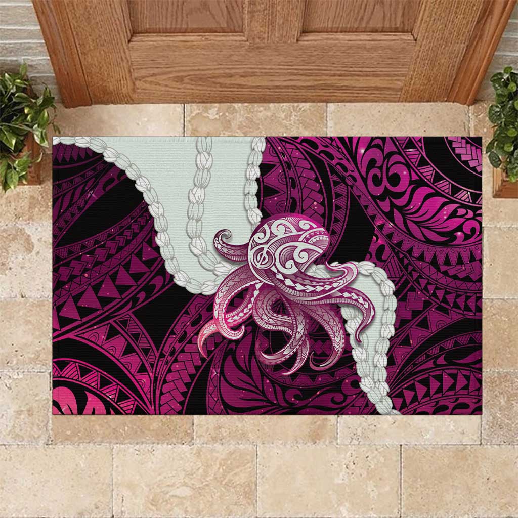 Pink Galaxy Polynesia Tribal Octopus Tattoo Rubber Doormat Pikake Lei Polynesian Pattern