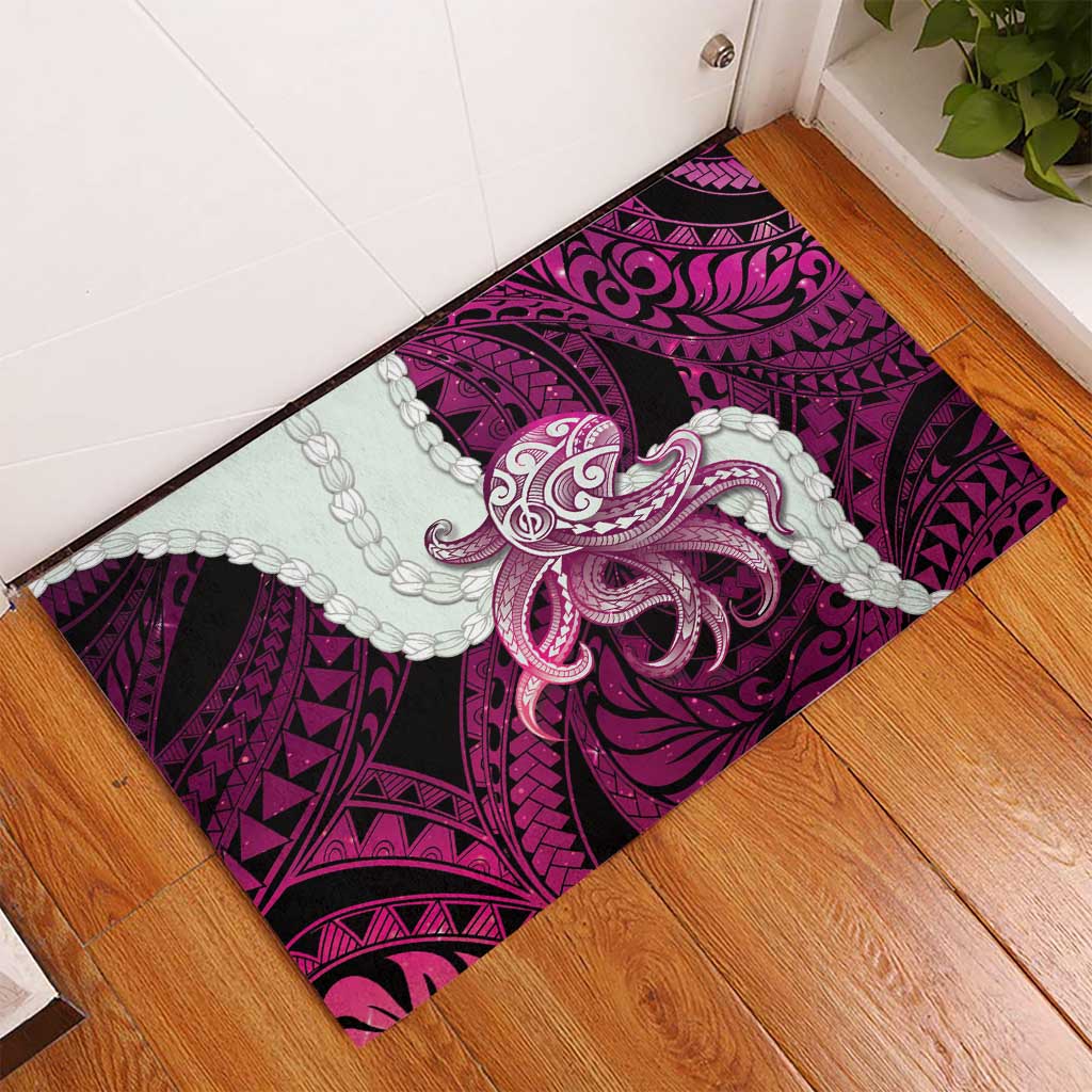 Pink Galaxy Polynesia Tribal Octopus Tattoo Rubber Doormat Pikake Lei Polynesian Pattern