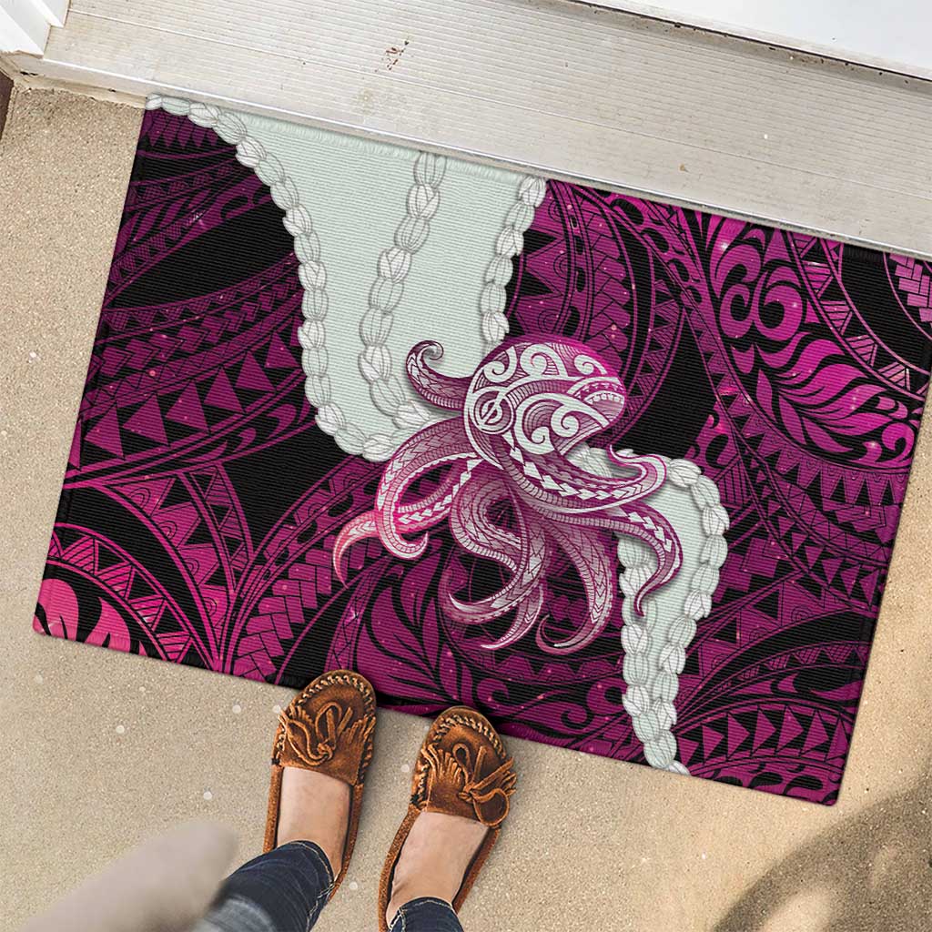 Pink Galaxy Polynesia Tribal Octopus Tattoo Rubber Doormat Pikake Lei Polynesian Pattern
