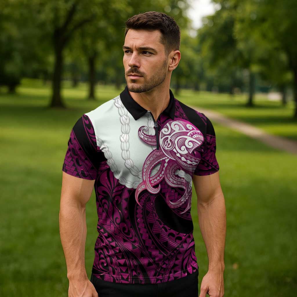 Pink Galaxy Polynesia Tribal Octopus Tattoo Zipper Polo Shirt Pikake Lei Polynesian Pattern