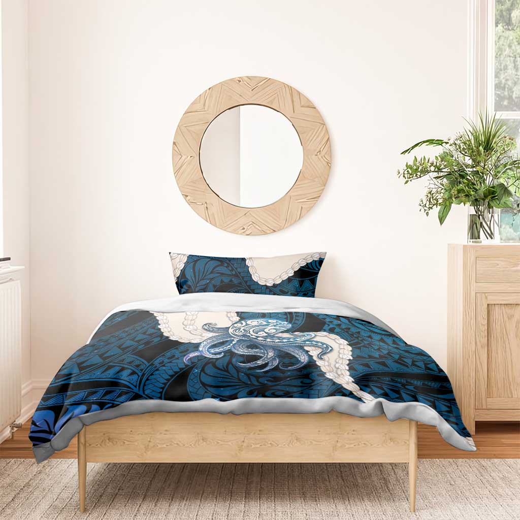 Blue Galaxy Polynesia Tribal Octopus Tattoo Bedding Set Pikake Lei Polynesian Pattern