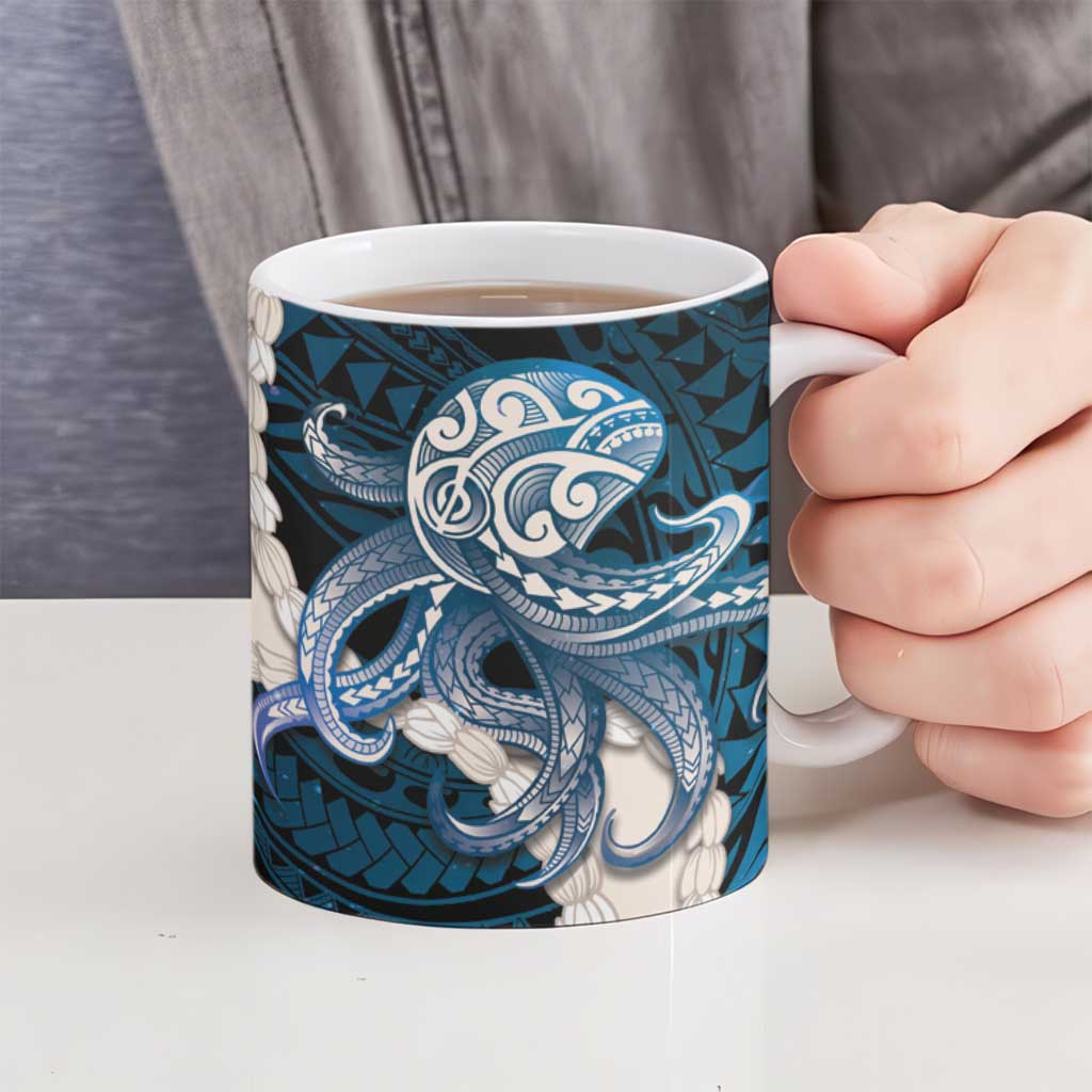 Blue Galaxy Polynesia Tribal Octopus Tattoo Ceramic Mug Pikake Lei Polynesian Pattern
