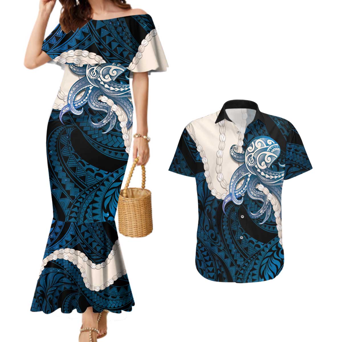Blue Galaxy Polynesia Tribal Octopus Tattoo Couples Matching Mermaid Dress and Hawaiian Shirt Pikake Lei Polynesian Pattern