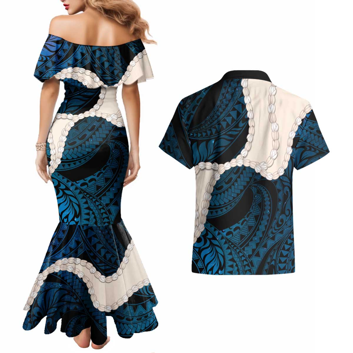 Blue Galaxy Polynesia Tribal Octopus Tattoo Couples Matching Mermaid Dress and Hawaiian Shirt Pikake Lei Polynesian Pattern