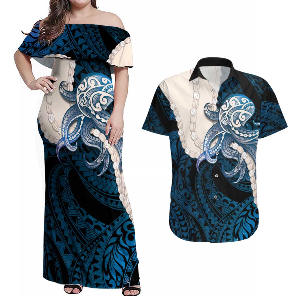 Blue Galaxy Polynesia Tribal Octopus Tattoo Couples Matching Off Shoulder Maxi Dress and Hawaiian Shirt Pikake Lei Polynesian Pattern