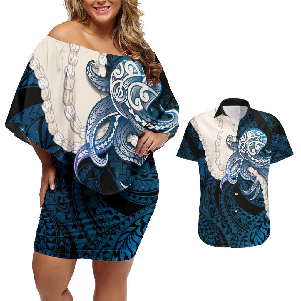 Blue Galaxy Polynesia Tribal Octopus Tattoo Couples Matching Off Shoulder Short Dress and Hawaiian Shirt Pikake Lei Polynesian Pattern