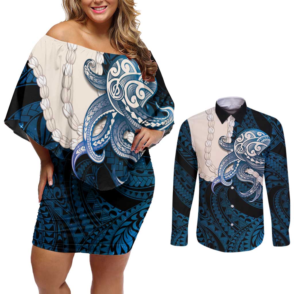 Blue Galaxy Polynesia Tribal Octopus Tattoo Couples Matching Off Shoulder Short Dress and Long Sleeve Button Shirt Pikake Lei Polynesian Pattern