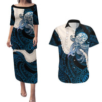 Blue Galaxy Polynesia Tribal Octopus Tattoo Couples Matching Puletasi and Hawaiian Shirt Pikake Lei Polynesian Pattern