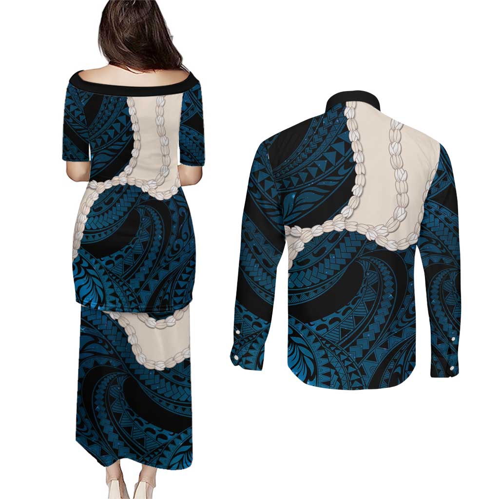 Blue Galaxy Polynesia Tribal Octopus Tattoo Couples Matching Puletasi and Long Sleeve Button Shirt Pikake Lei Polynesian Pattern