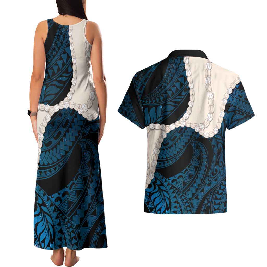 Blue Galaxy Polynesia Tribal Octopus Tattoo Couples Matching Tank Maxi Dress and Hawaiian Shirt Pikake Lei Polynesian Pattern