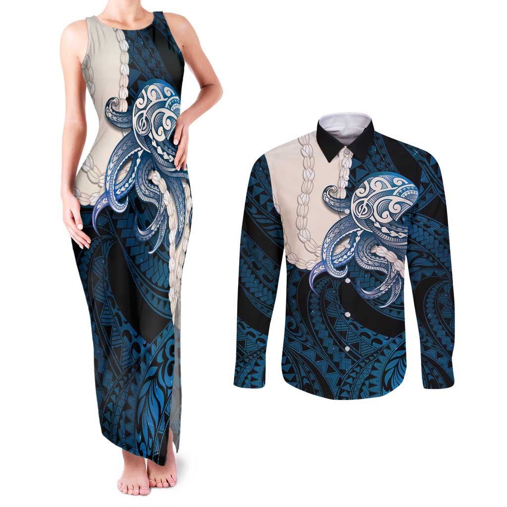 Blue Galaxy Polynesia Tribal Octopus Tattoo Couples Matching Tank Maxi Dress and Long Sleeve Button Shirt Pikake Lei Polynesian Pattern