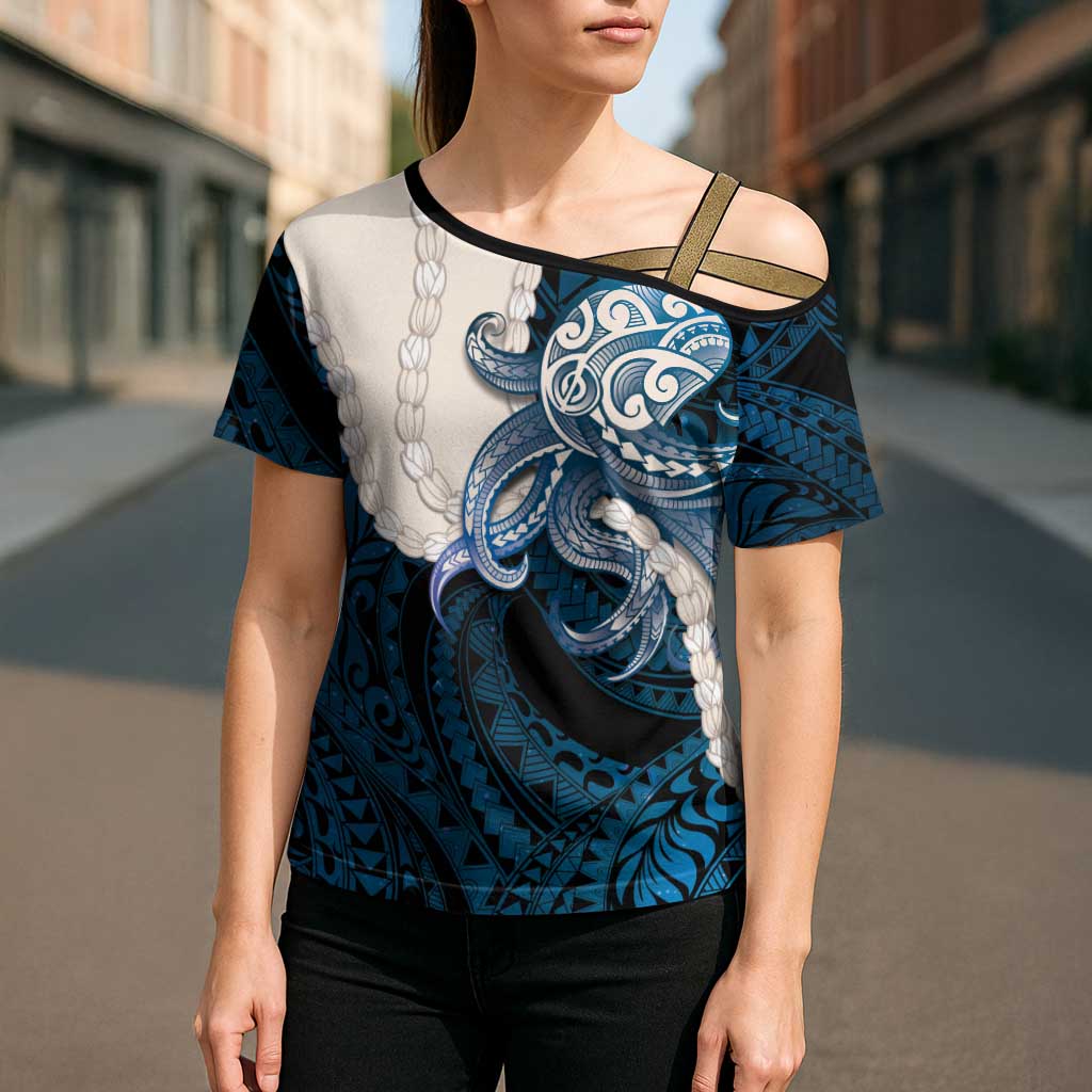 Blue Galaxy Polynesia Tribal Octopus Tattoo Cross Shoulder Shirt Pikake Lei Polynesian Pattern
