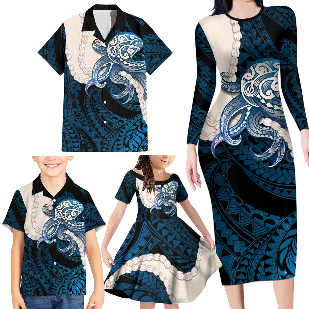 Blue Galaxy Polynesia Tribal Octopus Tattoo Family Matching Long Sleeve Bodycon Dress and Hawaiian Shirt Pikake Lei Polynesian Pattern