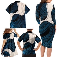 Blue Galaxy Polynesia Tribal Octopus Tattoo Family Matching Long Sleeve Bodycon Dress and Hawaiian Shirt Pikake Lei Polynesian Pattern