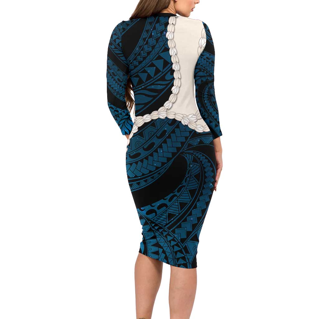 Blue Galaxy Polynesia Tribal Octopus Tattoo Family Matching Long Sleeve Bodycon Dress and Hawaiian Shirt Pikake Lei Polynesian Pattern