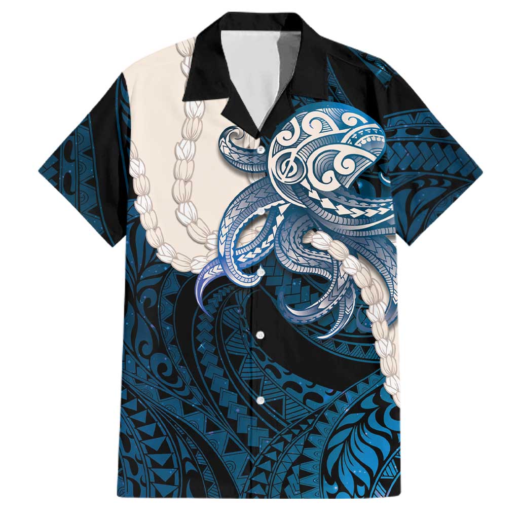 Blue Galaxy Polynesia Tribal Octopus Tattoo Family Matching Off The Shoulder Long Sleeve Dress and Hawaiian Shirt Pikake Lei Polynesian Pattern