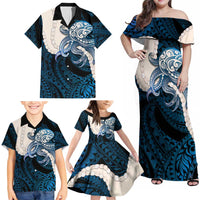 Blue Galaxy Polynesia Tribal Octopus Tattoo Family Matching Off Shoulder Maxi Dress and Hawaiian Shirt Pikake Lei Polynesian Pattern