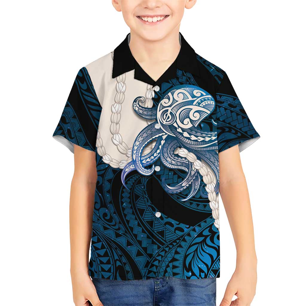 Blue Galaxy Polynesia Tribal Octopus Tattoo Family Matching Off Shoulder Short Dress and Hawaiian Shirt Pikake Lei Polynesian Pattern