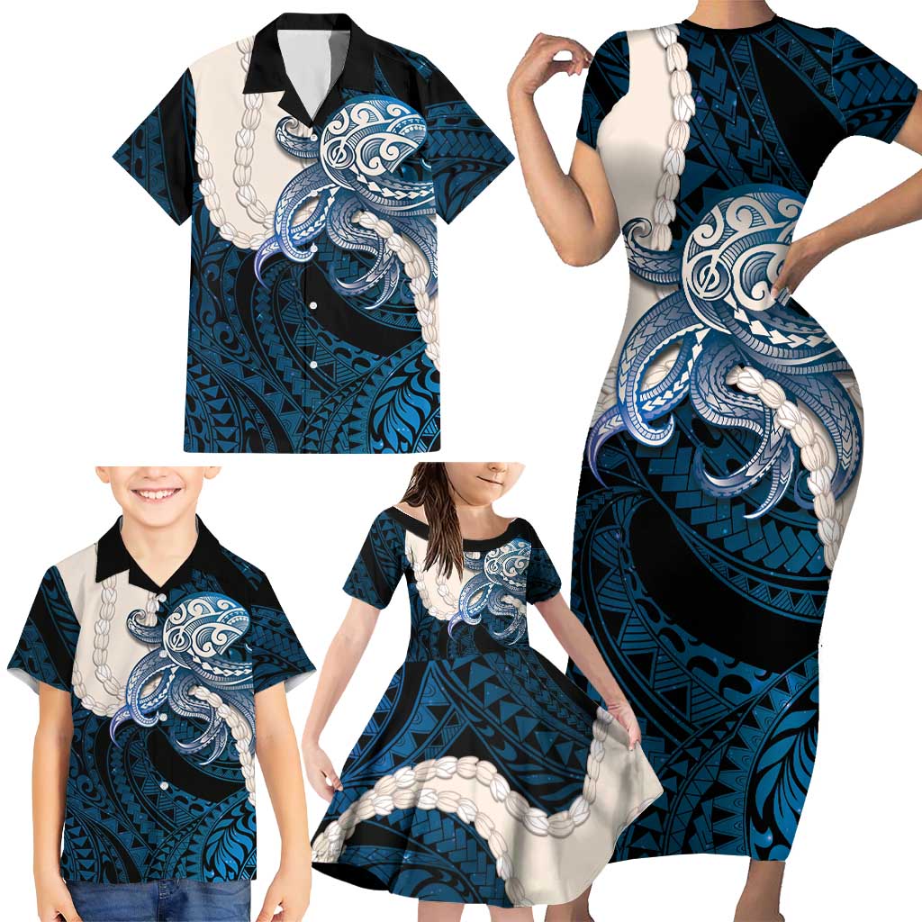 Blue Galaxy Polynesia Tribal Octopus Tattoo Family Matching Short Sleeve Bodycon Dress and Hawaiian Shirt Pikake Lei Polynesian Pattern
