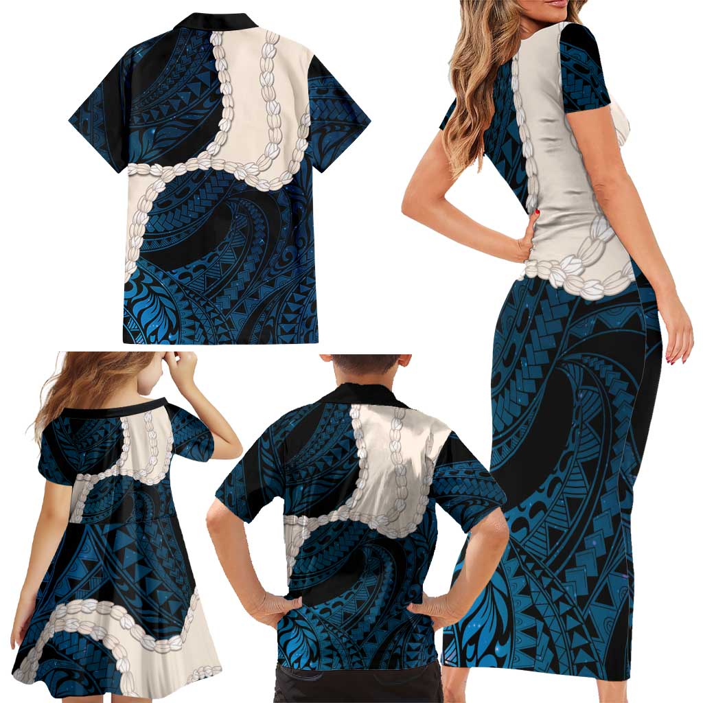 Blue Galaxy Polynesia Tribal Octopus Tattoo Family Matching Short Sleeve Bodycon Dress and Hawaiian Shirt Pikake Lei Polynesian Pattern