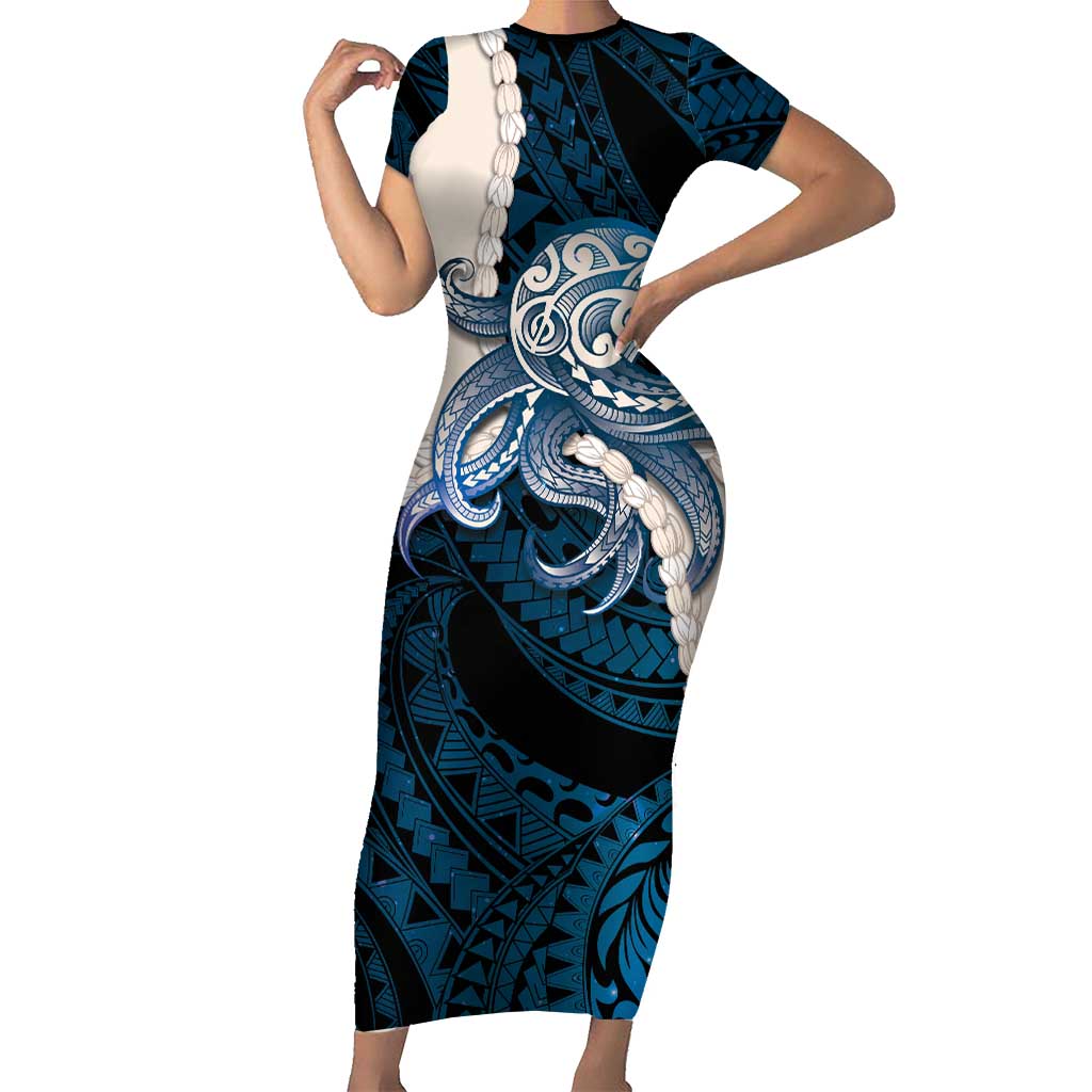 Blue Galaxy Polynesia Tribal Octopus Tattoo Family Matching Short Sleeve Bodycon Dress and Hawaiian Shirt Pikake Lei Polynesian Pattern