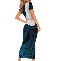Blue Galaxy Polynesia Tribal Octopus Tattoo Family Matching Short Sleeve Bodycon Dress and Hawaiian Shirt Pikake Lei Polynesian Pattern