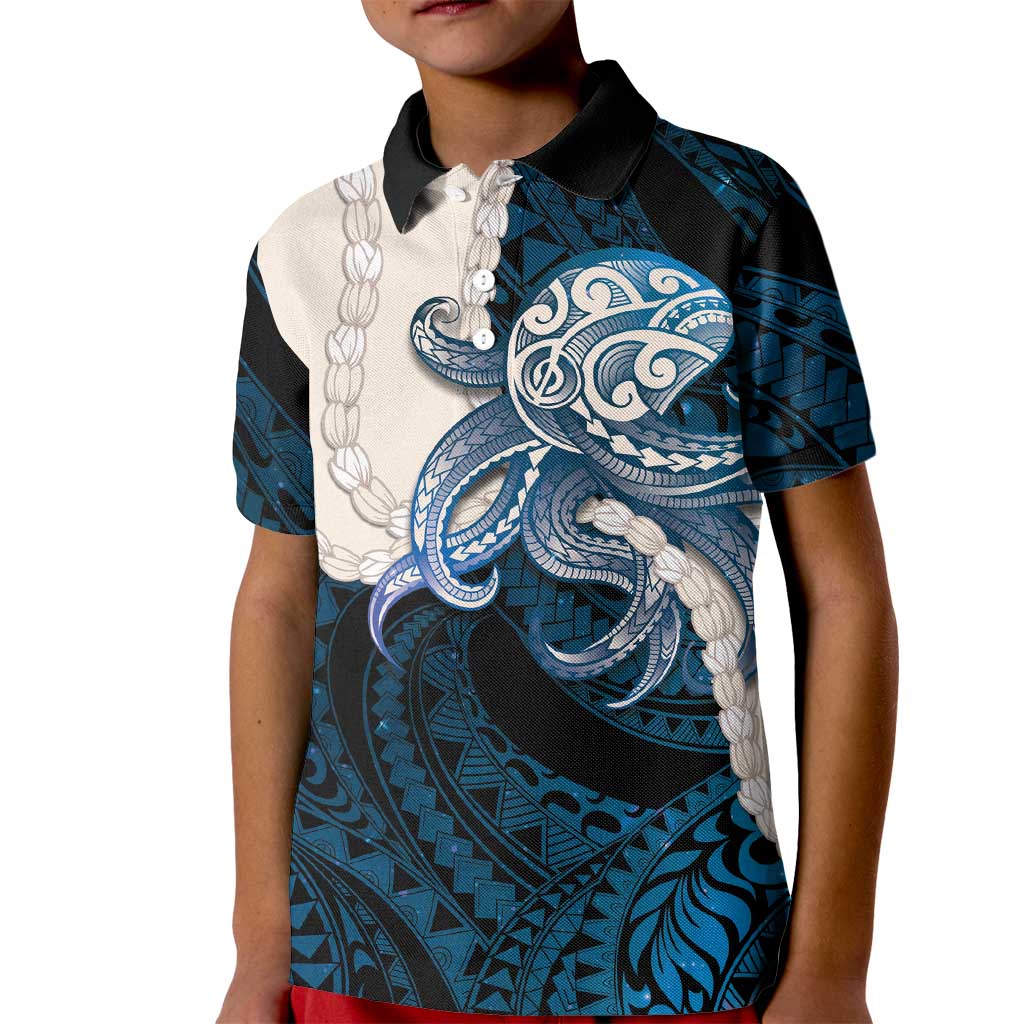 Blue Galaxy Polynesia Tribal Octopus Tattoo Kid Polo Shirt Pikake Lei Polynesian Pattern